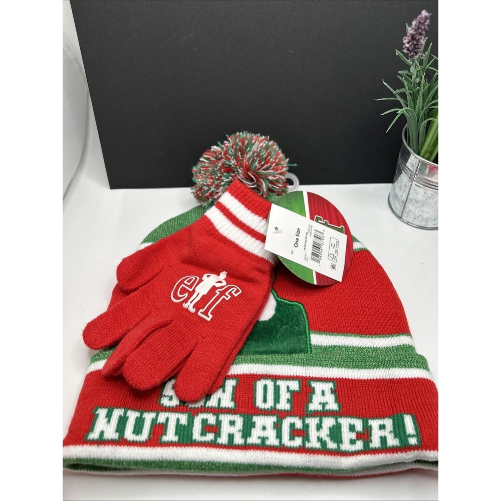 NWT Bioworld Elf Movie Son‎ of A Nutcracker OS Hat Beanie Glove Set Pom Pom - Picture 3 of 6